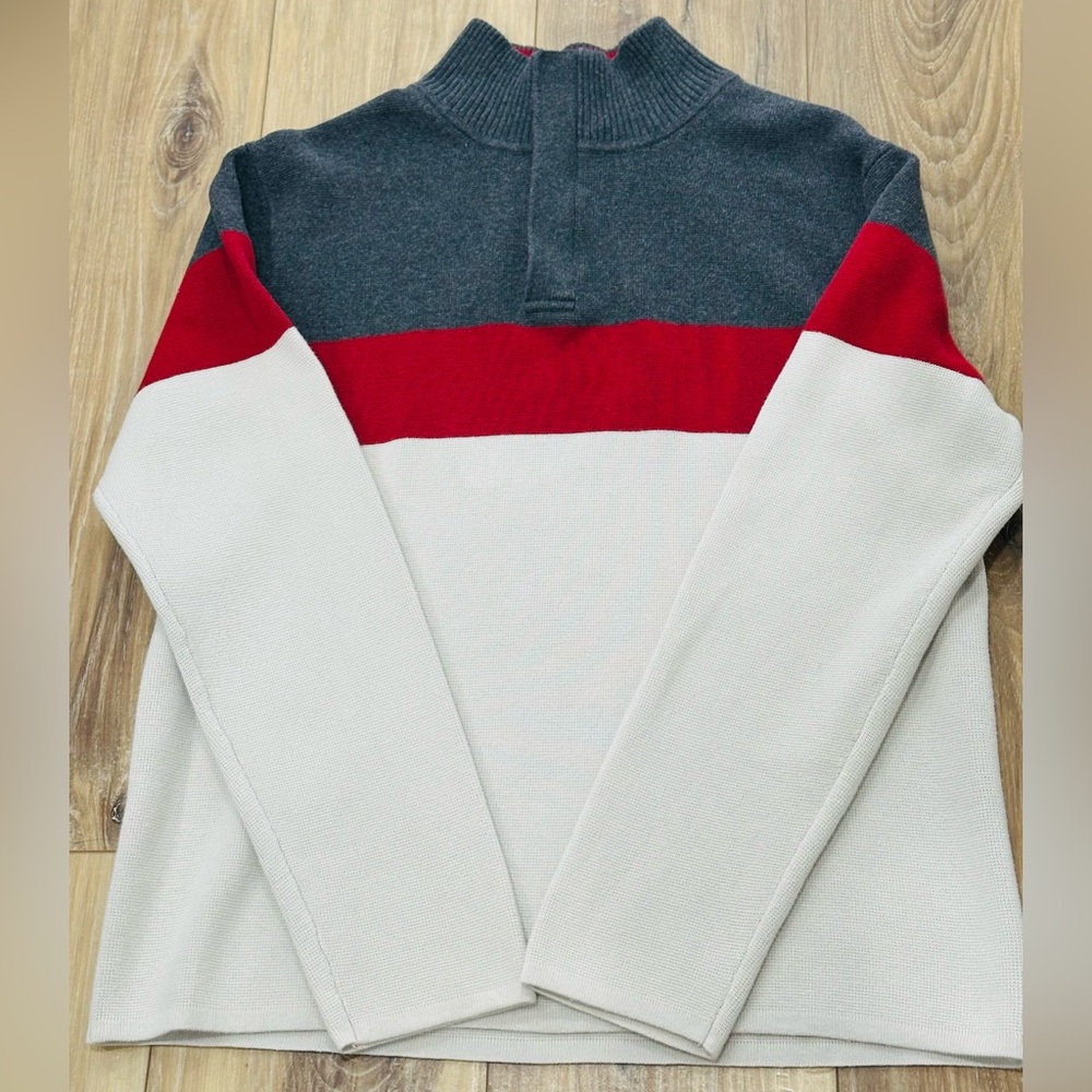 GAP Colorblock HalfZip Sweater Mens S Red Gray White Mock Neck Pullover